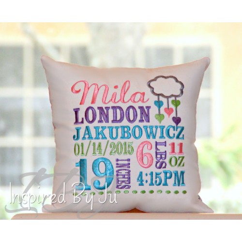 embroidered birth announcement pillow